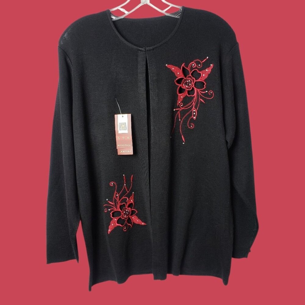 Jindini Collection Cardigan With Red Embroidered Floral Design  Large